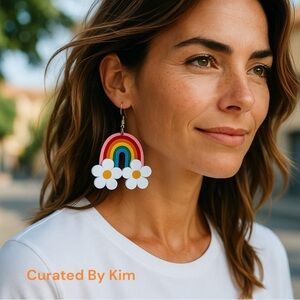 Colorful Rainbow Earrings with Flower Clouds. New Without Tags.